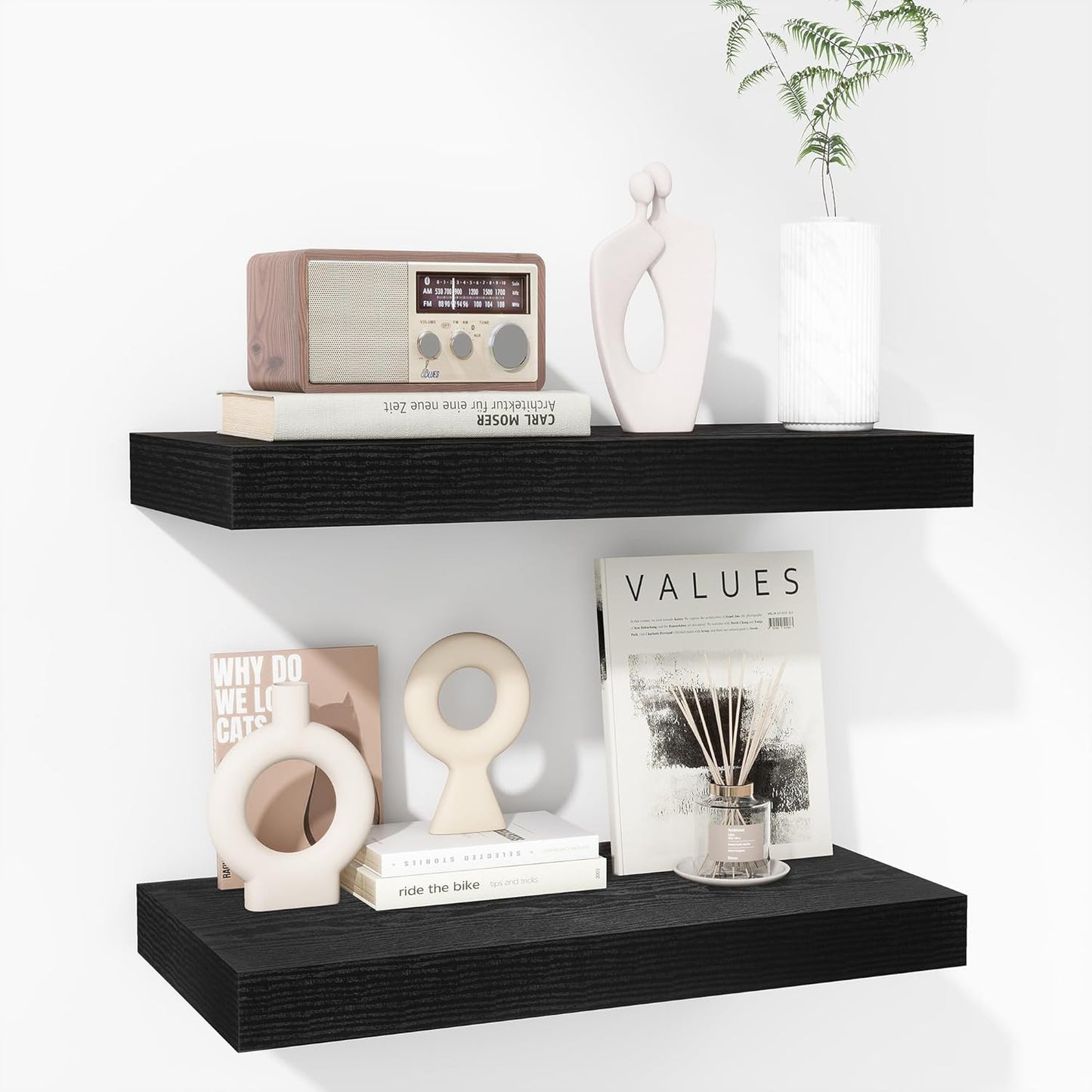 16 Inch 2 Pack, Fun Memories Floating Shelves - Deep Rustic Black Wooden Wall Shelves - Extra Deeper & Thicker Wall