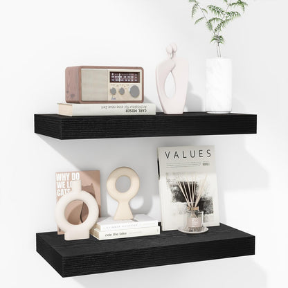 16 Inch 2 Pack, Fun Memories Floating Shelves - Deep Rustic Black Wooden Wall Shelves - Extra Deeper & Thicker Wall