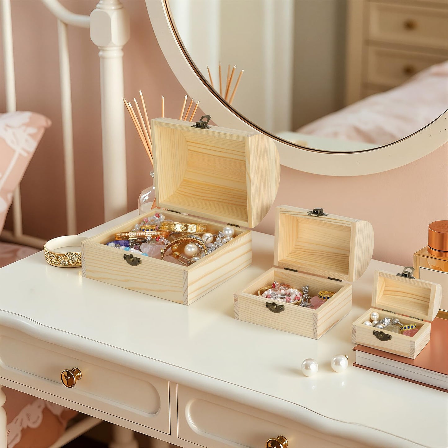 BAOPEND 3 Pieces Unfinished Wooden Storage Box with Lid and Latch, Decorative Treasure Chest for Jewelry Keepsakes Crafts, Natural Pine Wood Organizer for Home Office Gift (Small+Medium+Large)