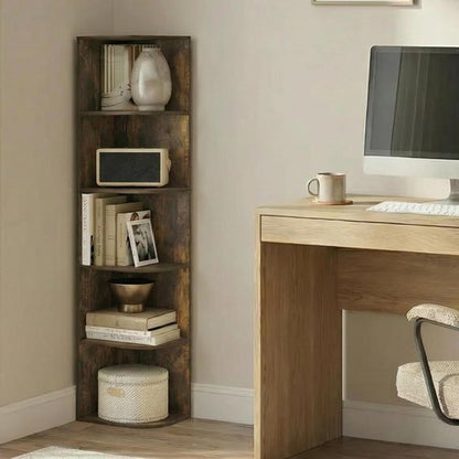 Furinno PASIR 5-Tier Corner Bookshelf - Open Shelf Design for Organization | Amber Pine, 9.3 x 12 x 51.7