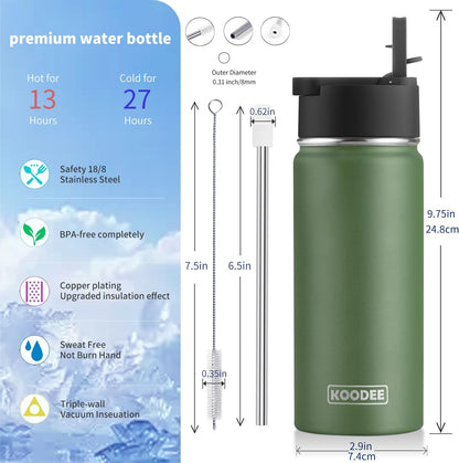 koodee 16 oz Stainless Steel Double Wall Vacuum Insulated Sports Water Bottle with Straw for Boys and Girls (Grass