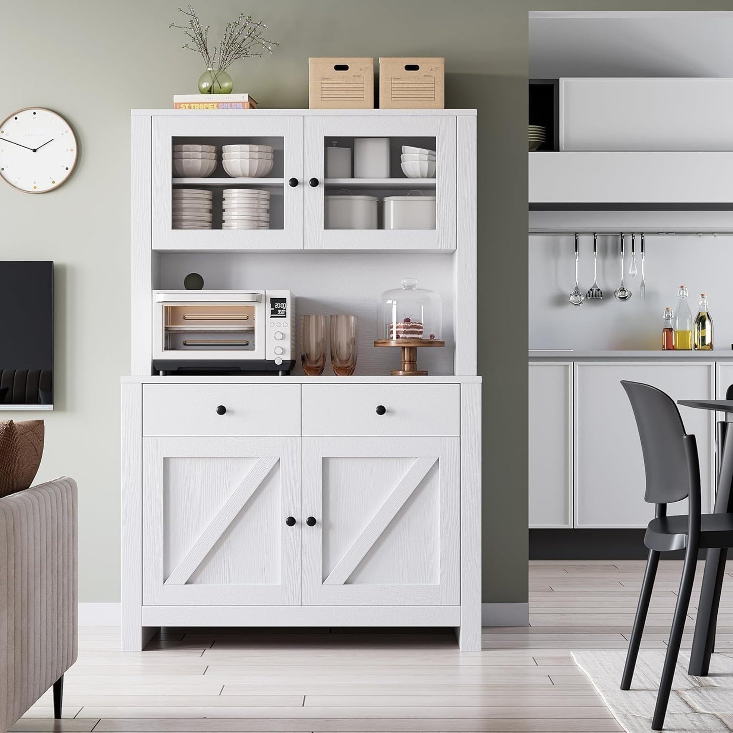 GarveeHome Kitchen Pantry Cabinet with Microwave Stand, Freestanding Hutch Cabinet with Buffet Cupboard, Tall Kitchen Cabinets with Adjustable Shelves for Dining Room, White
