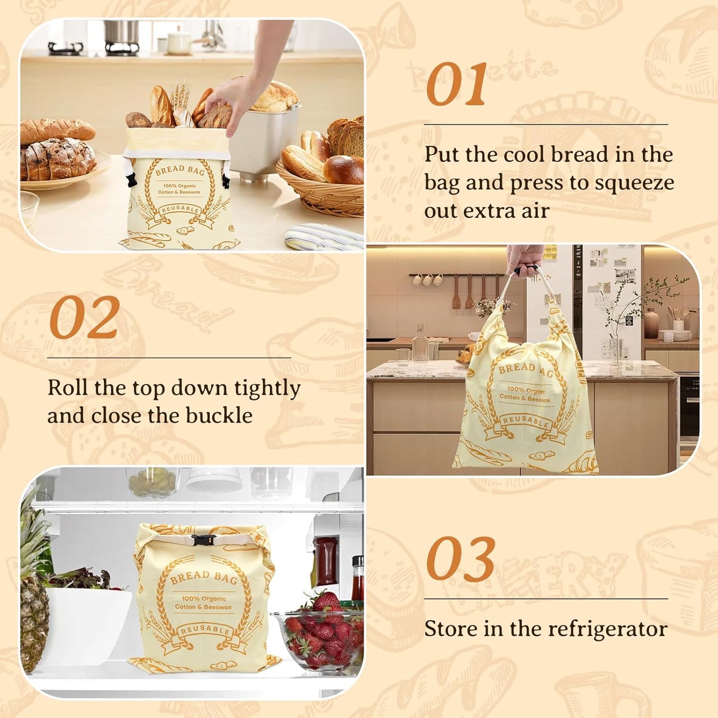 2 Pack Beeswax Bread Bags for Sourdough & Homemade Bread - Natural Cotton Sourdough Reusable Beeswax Food Storage Bag