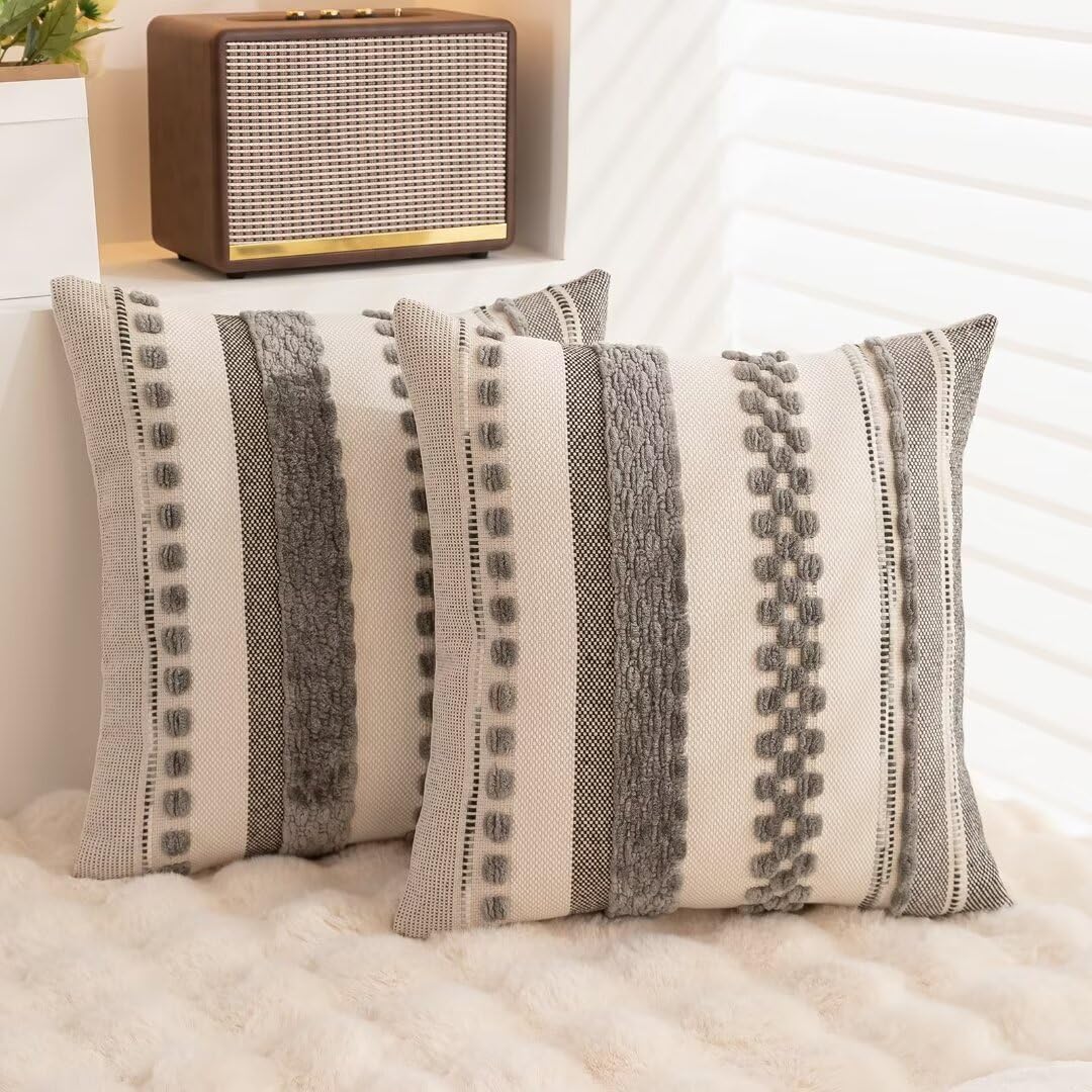 Boho Throw Pillow Covers 18x18 Set of 2 Farmhouse Decorative Cushion Case Striped Square Pillows Cover Chenille Pillow Cases Accent Neutral Pillowcase for Sofa Couch Bed,Sky Blue