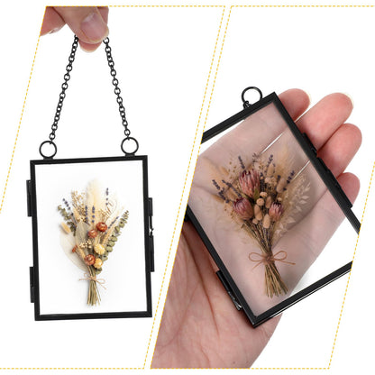 6 Pcs Pressed Flower Frames, Double Glass Hanging Picture Frame With Chain, 3.5 X 2.5 Inches Black Brass Floating Frame for Dried Flowers, Artwork, Photos, DIY Home Wall Art, Horizontal Vertical