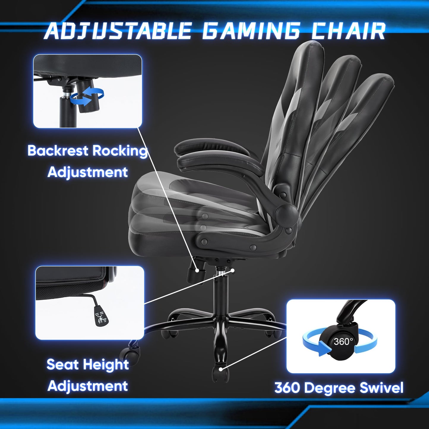 OLIXIS Big and Tall Office Desk Leather Gaming Computer Chair with Adjustable Swivel Task and Flip-up Arms for Adults, Teens, Grey