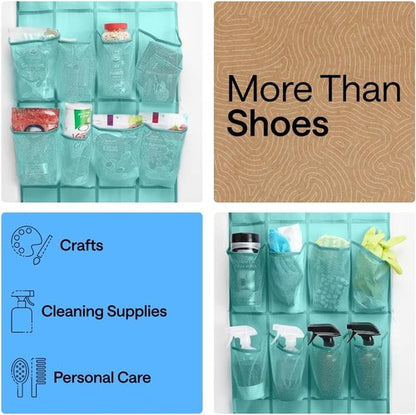 GORILLA GRIP Over The Door Shoe Organizer - 24 Large Breathable Mesh Pockets | Space-Saving Storage in Turquoise