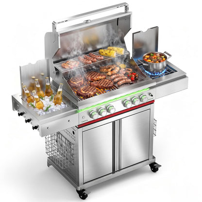 Electactic Heavy-duty Propane Gas Grill, SUS304 Stainless Steel 6-Burner BBQ Grill with 4 Main Burners, 1 Infrared Rear Burner, 1 Side Burner and LED Lights, High Performance Outdoor Grilling