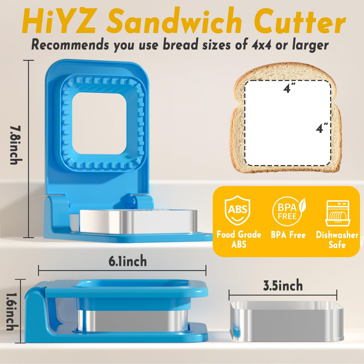 HiYZ Sandwich Cutter and Sealer - Square Stainless Steel Decruster Sandwich Maker - Peanut Butter and Jelly Crustless Sandwich Bread Pancake Maker Cookie Cutter for Kids Children Boys Girls