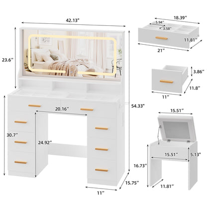 GAOMON Makeup Vanity Desk with Large Lighted Mirror, Vanity Desk with Glass Tabletop, 8 Drawers & 3 Storage Shelves, Vanity Set with Built-in Power Outlet for Bedroom & Dressing Area, White