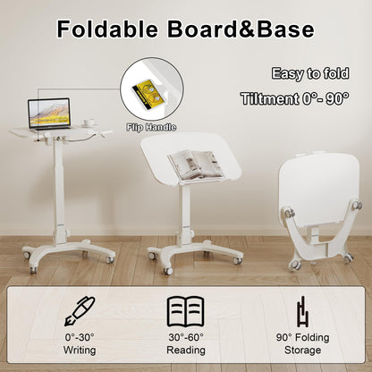 BONTEC Mobile Foldable Standing Desk, Portable Adjustable Height Desk with Gas Spring, Small Rolling Laptop Desk with Wheels for Home, Office, Bedroom, and Medical Use, 25.6" x 19.7" Desktop, White