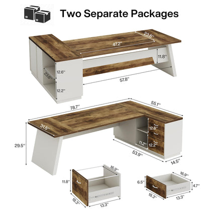 Tribesigns 78" L-Shaped Executive Desk, Large Modern Office Desk with Drawers and Lateral File Cabinet, Business Furniture with Storage Shelves, Big Computer Desk for Home Office (Brown + White)