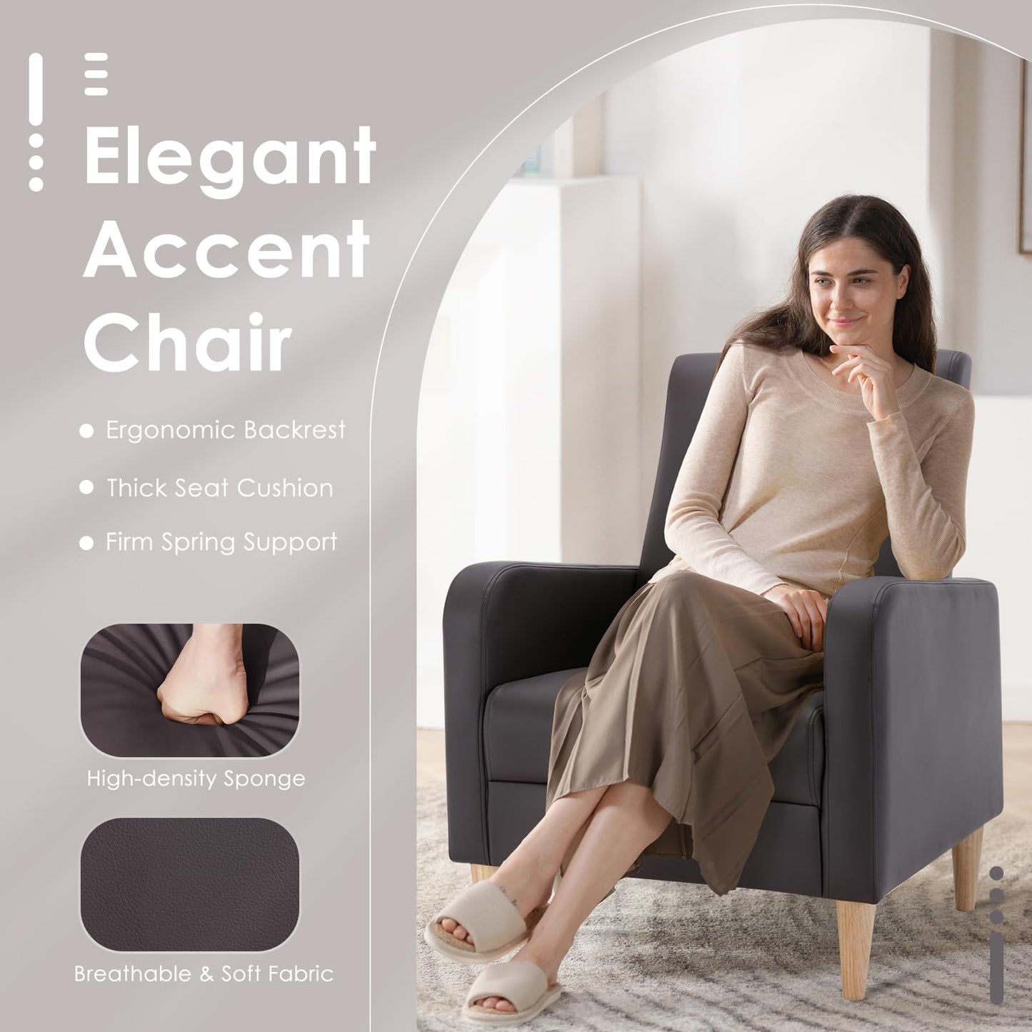 COLAMY Modern Accent Living Room Chairs Set of 2, Upholstered PU Leather Armchair Reading Side Chair, Single Sofa with Back Pillow and Wood Legs, Brown