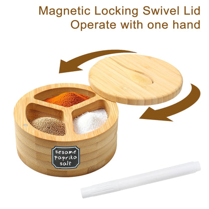 Dvehdbay Salt Cellar - Salt Container Holder with Swivel Magnetic, 3 Compartment Salt Cellar with Lid and Spoon Holder, Wood Bowl Box, Salt and Pepper Bowls with Swivel Lid to Storage, 6OZ