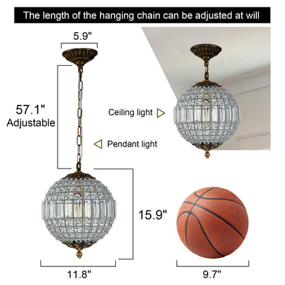 HUOKU Antique Crystal Globe Chandelier, 11.8" Vintage Small Sphere Chandelier Crystal Pendant Light Fixture for Foyer Dining Room Kitchen Island Bronze