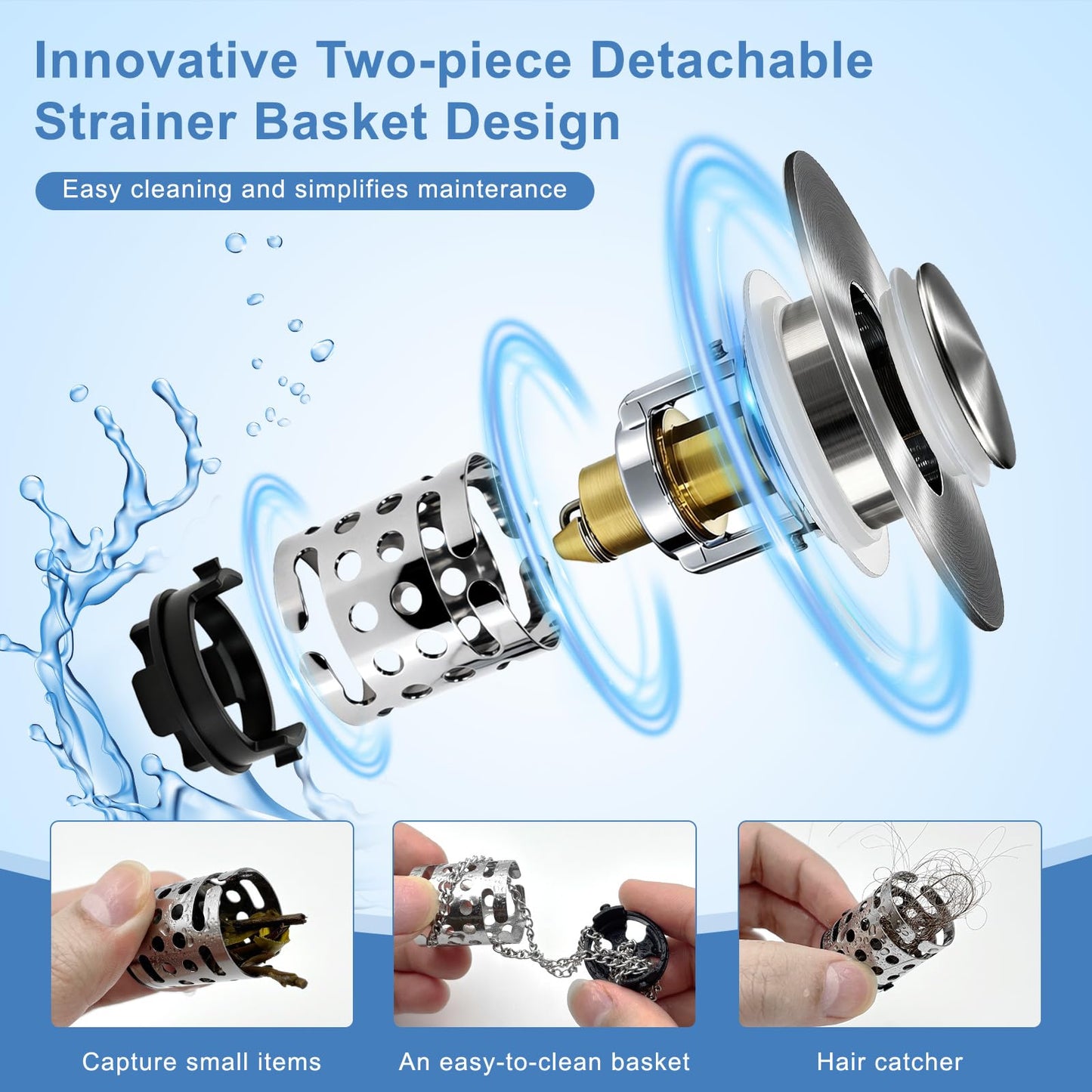 Upgraded 3 in 1 Bathroom Sink Drain Strainer, Universal Pop Up Stopper with Removable Stainless Steel Filter Basket Hair Catcher, Sink Plug for 1.1''~2.36'' Basin, Brushed Nickel Finish(2PC)