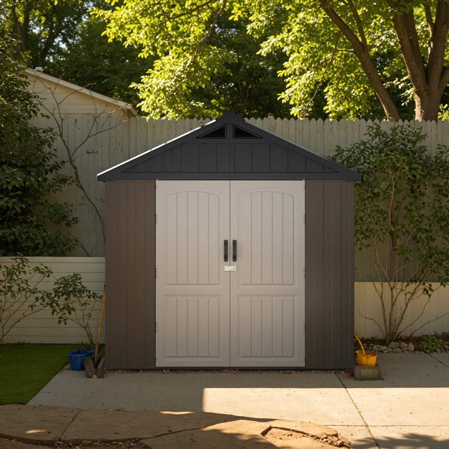 Patiowell 8 x 6 FT Plastic Outdoor Storage Shed with Floor, Resin Shed with Window and Lockable Door for Garden, Backyard, Tool Storage Use, Easy Assemble, Gray (Kick-it Shed)