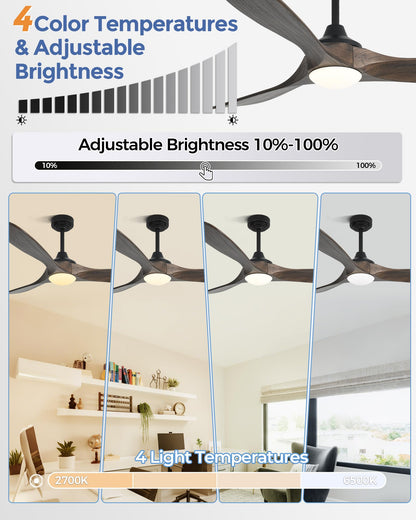 Ombrin 72 inch Outdoor Ceiling Fans with Lights,Smart Wood Large Ceiling Fan for Alexa,Google & APP Control,Indoor/Outdoor,3 Blades,3CCT Dimmable,Deep Brown Walnut,Downrod Mount for Patio Porch