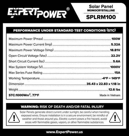 ExpertPower 100 Watt 12 Volt Monocrystalline Solar Panel, Compact Design 35.43 x 22.83 x 1.18 in, High Efficiency Module PV Power for Battery Charging Boat, Caravan, RV, Off Grid Applications