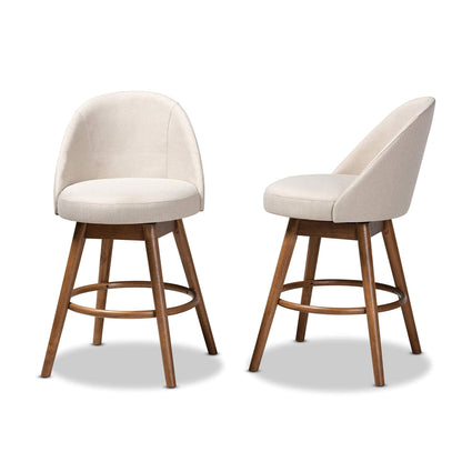 Baxton Studio Carra Mid-Century Modern Light Beige Fabric Upholstered Walnut-Finished Wood Swivel Counter Stool