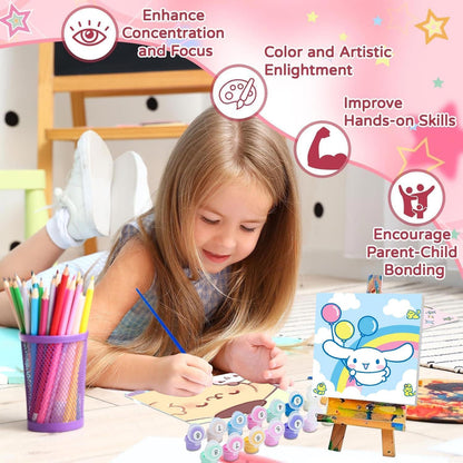 nekpiahu 6 Pack Cartoon Paint by Numbers for Kids with Framed Canvas-Cartoon Paint by Numbers for Kids Ages 4-8-12, Kid Paint by Number Crafts Kits for Home Wall Decor GIF 8X8incht(with Wooden Easel)