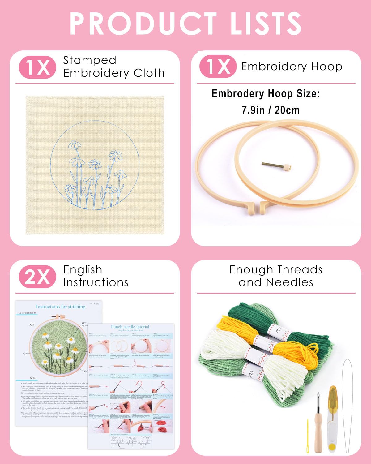 TINDTOP Punch Needle Kit, Daisy Punch Embroidery Kits for Adults Beginner, Tool with Punch Needle Fabric, Hoops, Yarns and Sewing Needles