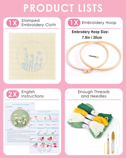TINDTOP Punch Needle Kit, Daisy Punch Embroidery Kits for Adults Beginner, Tool with Punch Needle Fabric, Hoops, Yarns and Sewing Needles