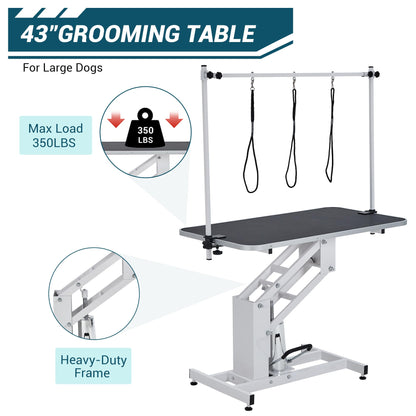 43.3" Hydraulic Pet Grooming Table, Heavy Duty Hydraulic Grooming Table Max Load 350Lbs, Professional Hydraulic Dog Grooming Table with 3 Adjsutable Nooses &, Overhead, Adjustable Height Range 22 in -