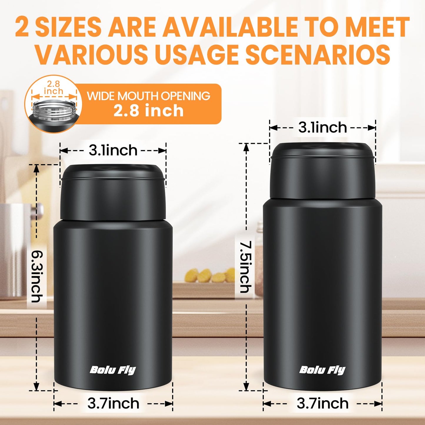 Bolu Fly 2 Pack Soup Thermo for Hot Food for Adults, Insulated Food Jar, Stainless Steel Vacuum Thermal Lunch Box Containers with Carry Bag and Spoon (18.5oz, 27oz) (Black)