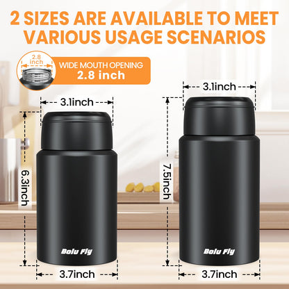 Bolu Fly 2 Pack Soup Thermo for Hot Food for Adults, Insulated Food Jar, Stainless Steel Vacuum Thermal Lunch Box Containers with Carry Bag and Spoon (18.5oz, 27oz) (Black)