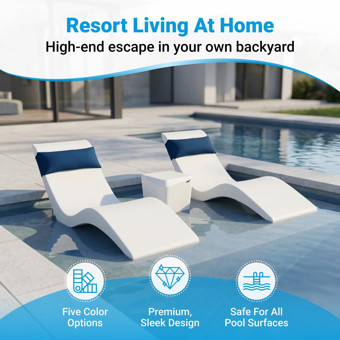 Aqua Outdoors Pool Chaise Lounge Chairs for Ledge & Shelf, Water-Weighted Pool Lounger for Depths Up to 9”, No Screw Plugs & Tools Needed, Classic White Ledge Lounger, Set of 2