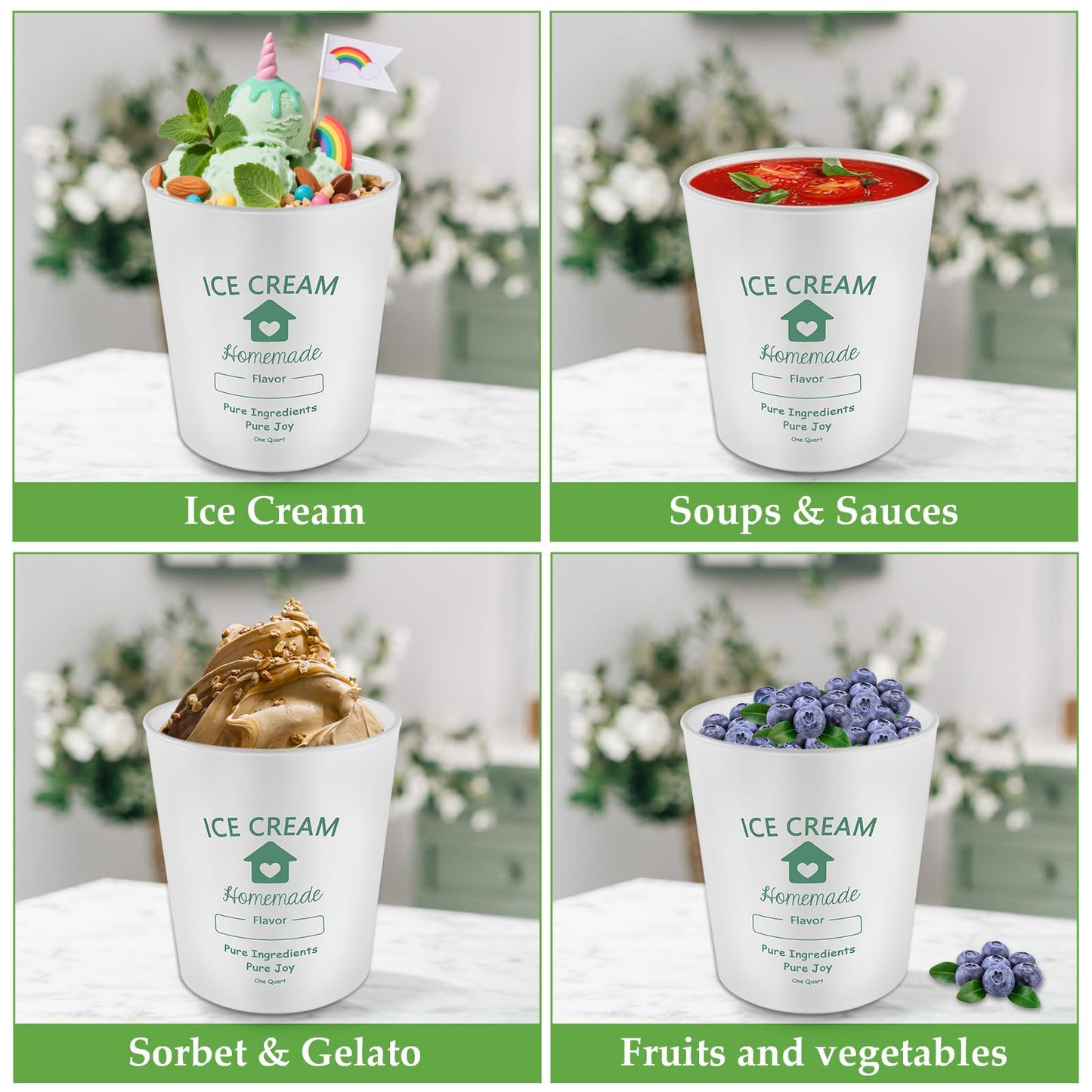 cyrico Ice Cream Containers with Silicone Lids for Homemade Ice Cream, 4 Pack 1 Quart Each Reusable Sorbet Frozen Yogurt Storage Containers Set BPA Free Stackable Leakproof Dishwasher Freezer Safe