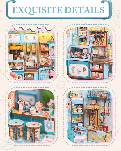 Cutefun Book Nook Kit - DIY Miniature Dollhouse Kit for Adults and Teens, 3D Wooden Puzzle Bookshelf Insert Decor with LED Light, Gifts for Book Lovers and Beginners (Bella's Ice Cream)