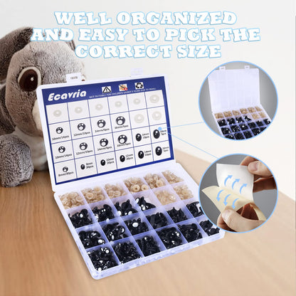 Ecavria [400PCS] Safety Eyes for Amigurumi, 8-16mm Black Crochet Eyes with Washers, Oval &Round Craft Eyes, Kawaii Doll Eyes for Crochet Toys Stuffed Animals