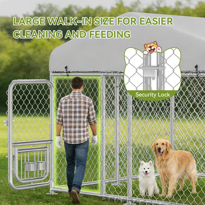 COMHOMA 7.5×7.5FT Outdoor Dog Kennel with Adjustable Bowls Feeder Heavy Duty Extra-Large Dog Enclosure with Roof & Lock All Weather Resistant for Medium Large Dogs