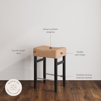 Nathan James Harvey Rattan Bar Stool, Bohemian Counter Height Stool with Woven Seagrass Seat, Solid Wood Legs, and Metal Footrest Seagrass/Brushed Black, Set of 2