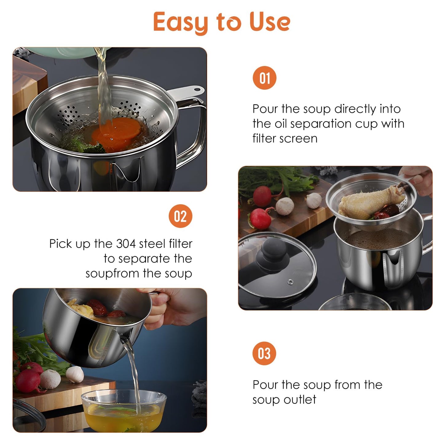 Hapivida Bacon Grease Container with Strainer, 35oz/1L Stainless Steel Oil Separator Saver with Fine Mesh Strainer Oil Filter Pot with Lid Fat Storage