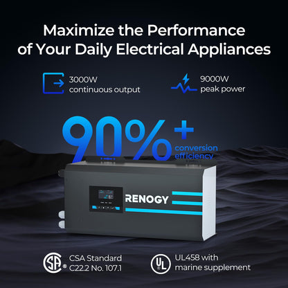 Renogy 3000w Pure Sine Wave Inverter Charger 12V DC to 120V AC Surge 9000w for Off-Grid Solar RV Boat Home w/LCD Display, Auto Transfer Switch, Compatible with Lithium Battery