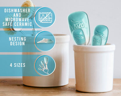 Ceramic Mason Jar Measuring Spoons, Aqua Blue, 4 Rustic Tablespoons for Farmhouse Kitchen Decor