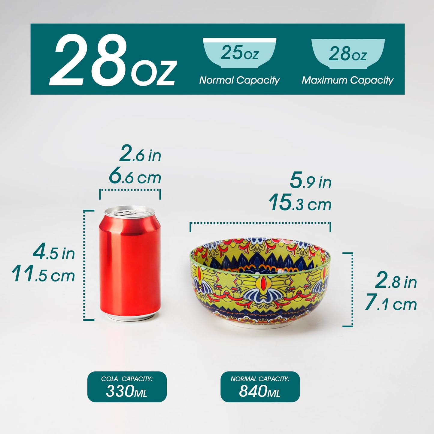 vancasso Cereal Bowls Set of 6, Porcelain Bowls for Eating, 28 oz Colorful Soup Bowls, Bohemian Ceramic Bowls for Salad, Fruit, Pasta, Microwave & Dishwasher Safe Bowls Set