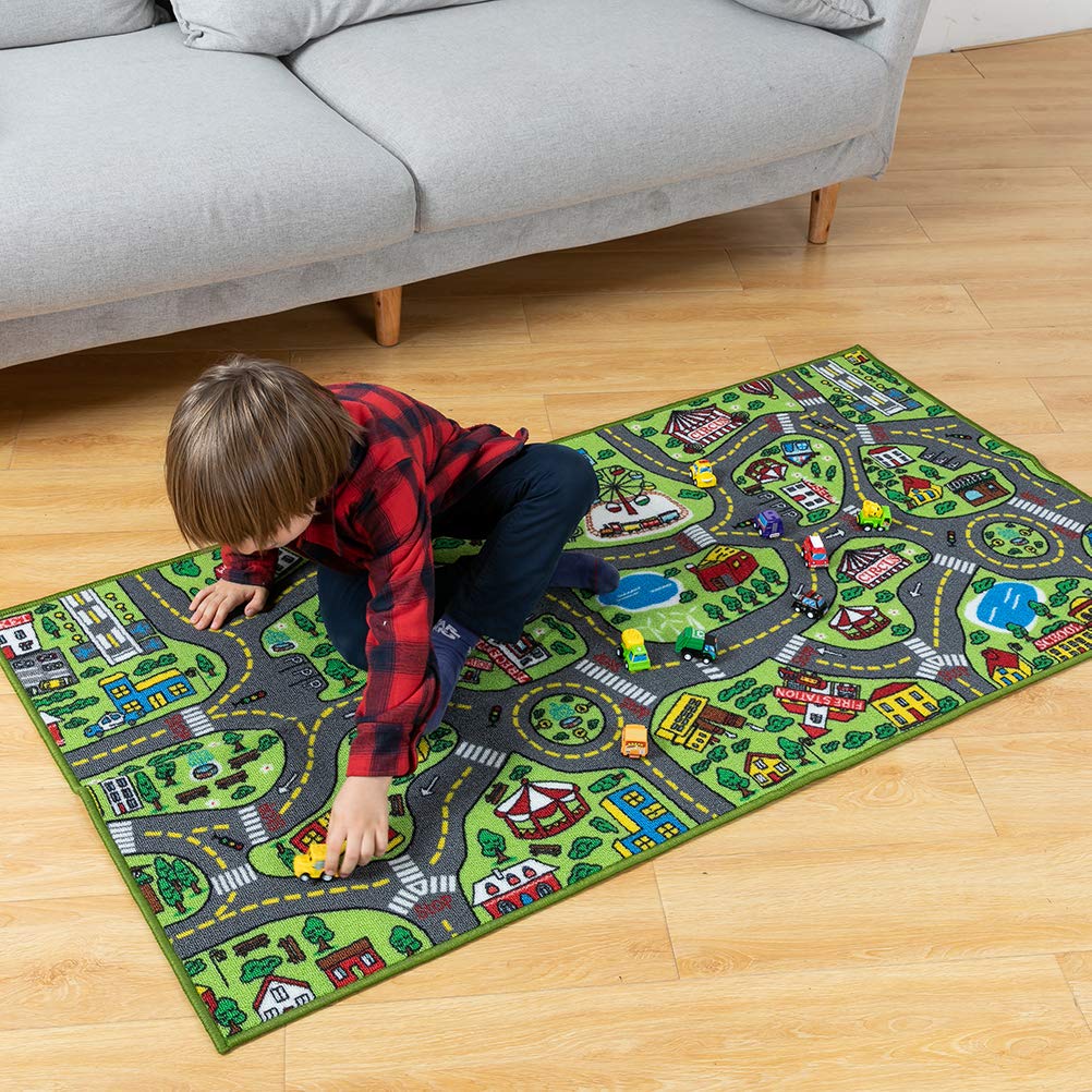 12 Set JOYIN Kids Play Rugs - Pull-Back Vehicle - Durable Carpet Playmat Rug - City Pretending Play - Toddler Car Track