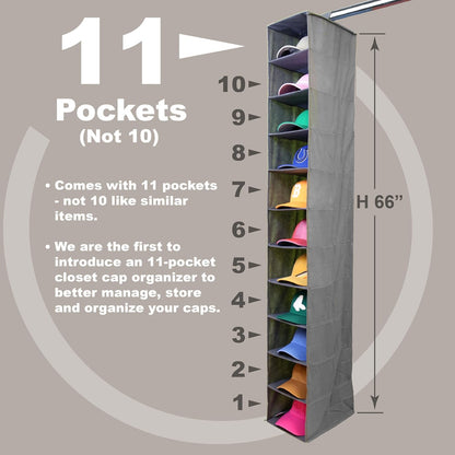 Perfect Curve 11-Pocket Baseball Hat Organizer - Gray Hat Storage Rack for Closet, Holds 100 Caps