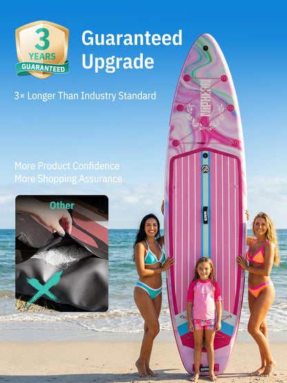 Niphean (Extra Large) Inflatable Paddle Board, SUP for 2+1 People/Family 500lbs Capacity Stand Up Paddle Board with SUP Accessories, StabilTrac Fin Non-Slip Paddleboard for Adults-Rose Red