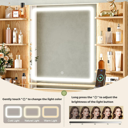 GRUTEUNIT 43" Makeup Vanity Desk with Mirror and Lights&Power Outl, 3 Adjustable Light Color,Glass Top Big Vanity Table with 9 Drawers & 6 Shelves,Girls Vanity for Bedroom, Oak