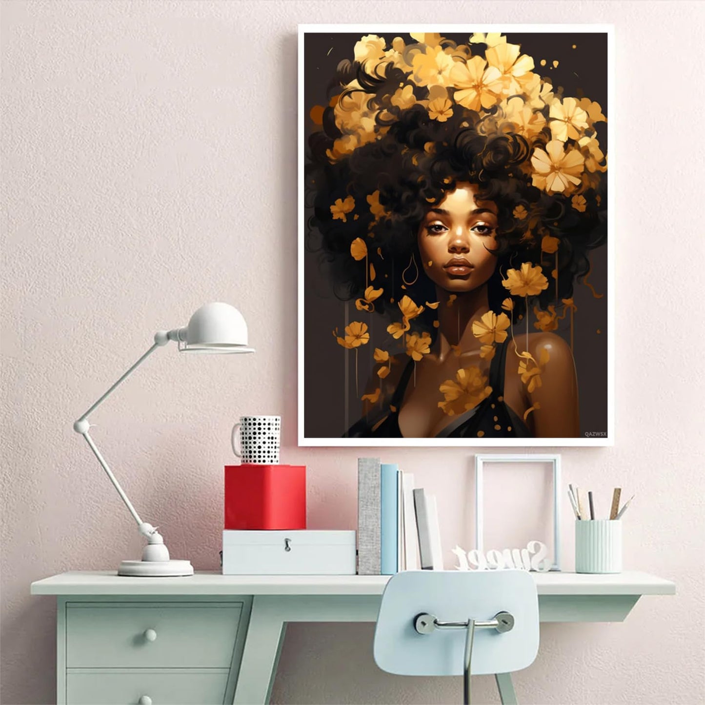 Christmas Gift Black Woman Gold Flowers 5D Full Round Drill Diamond Painting Kits by Number for Adults Beginner Diamond Painting Beads Art Crystal for New Year Valentine's Day Decor Gift 12x16 inch