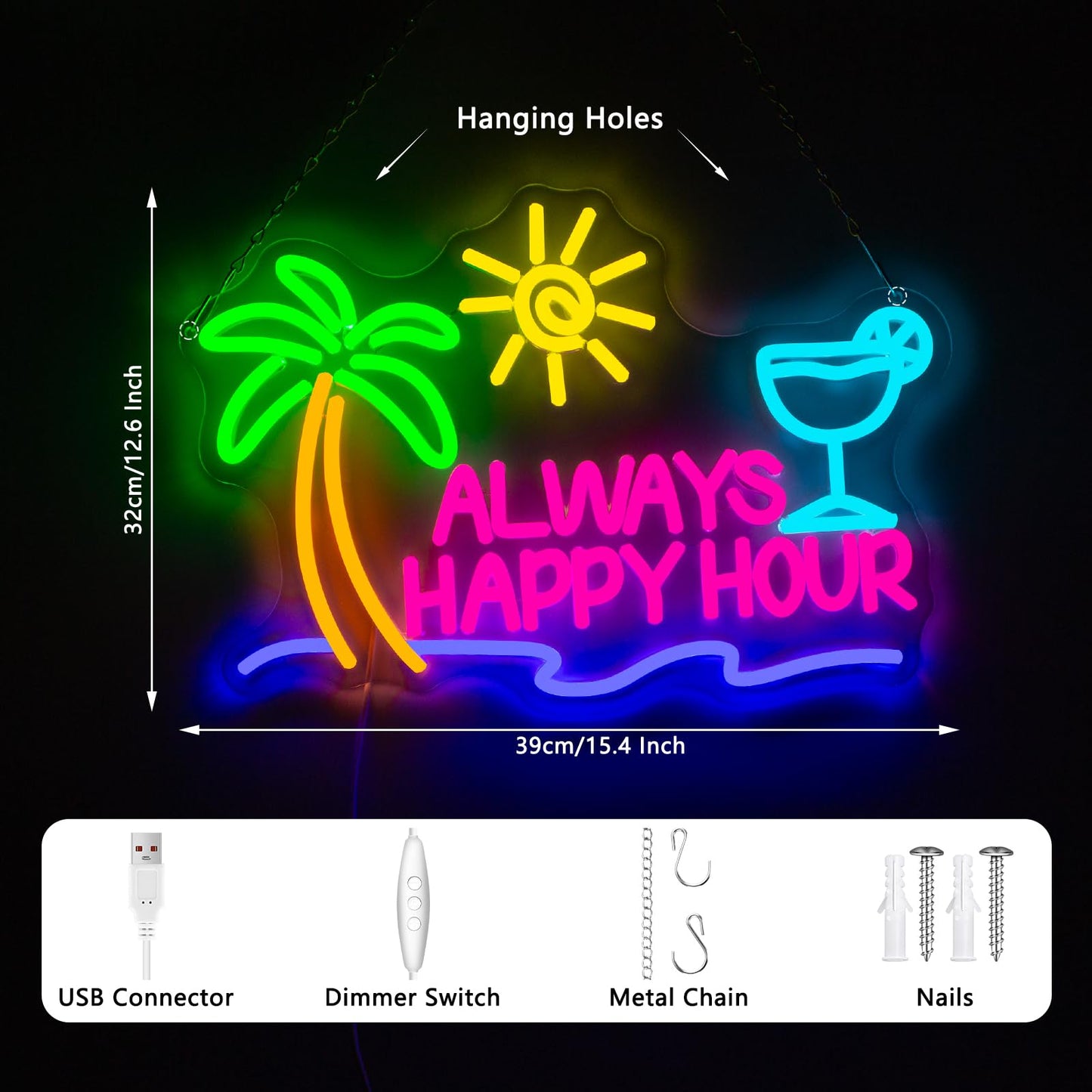 NINSNINT Always Happy Hour Neon Sign, Dimmables Beach Neon Signs for Wall Decor, Palm Tree Led Light Up Signs for Bedroom Bar Club Pub Man Cave Restaurant Party Decorations