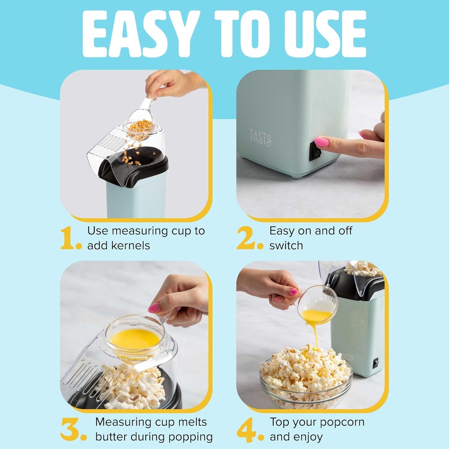 Tasty Hot Air Popcorn Popper, Healthy Popcorn in Minutes, Fast and Easy, Built-In Measuring Cup and Butter Warmer, 8