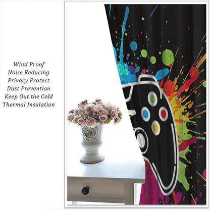 Gamer Curtains for Boys Kids Bedroom, Cool Gaming Decor, Neon Gamepad Teens Curtains for Bedroom Window Treatment Set