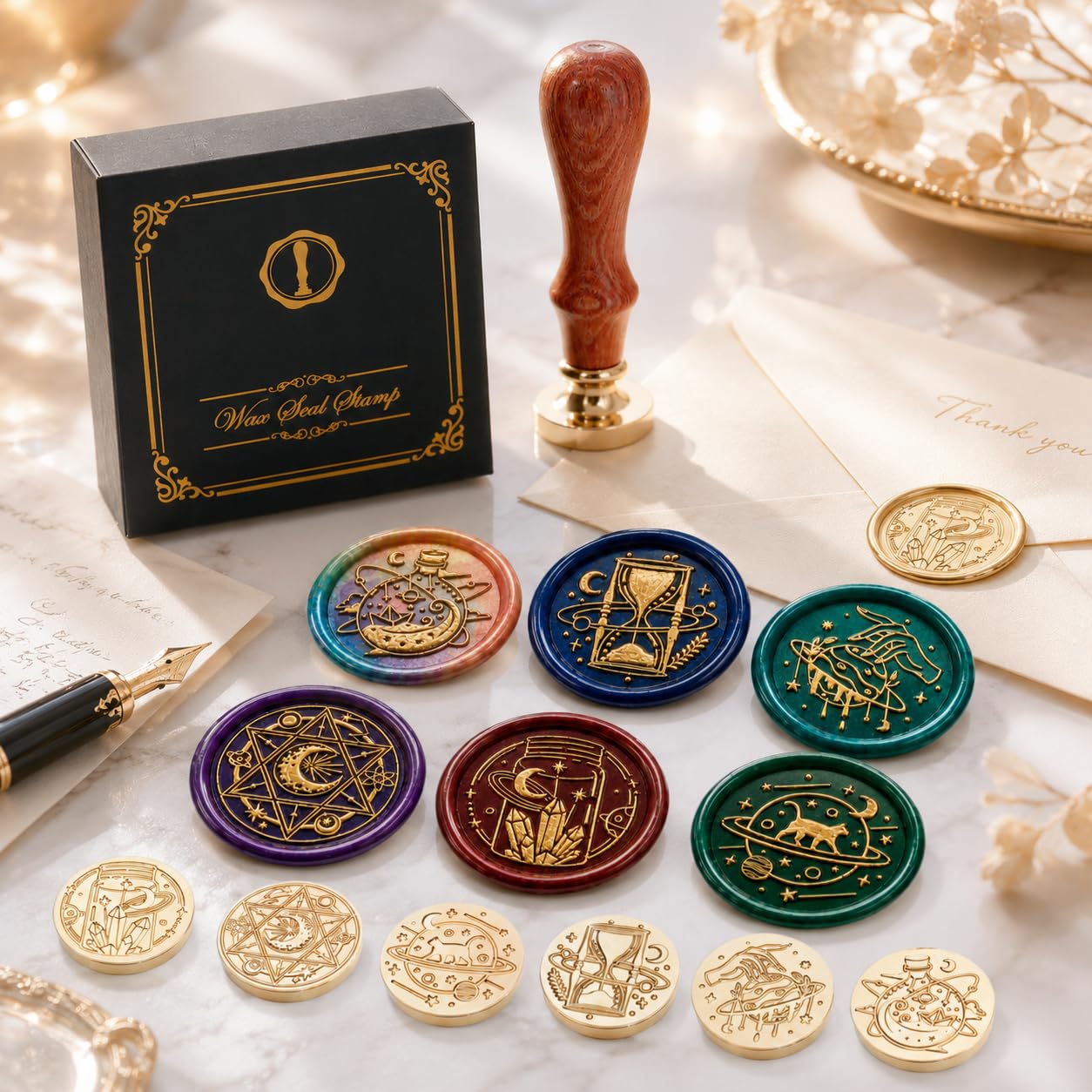 SWANGSA Magic Space Wax Seal Stamp Gift Box Set, Vintage 6 Sealing Stamp Heads + 1 Wooden Hilt, Wax Stamp Kit for Party Invitations, Envelops, Cards and Gift Packaging (Magic Space)