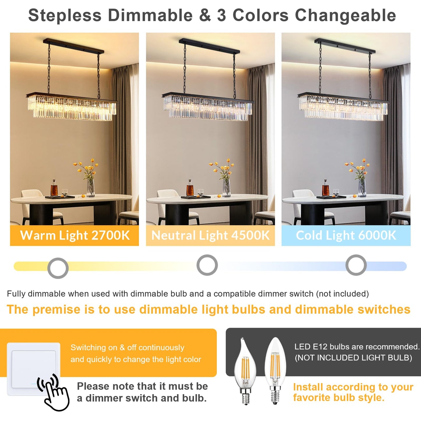 NOXARTE Rectangle Chandeliers for Dining Room, Modern Rectangular Crystal Chandelier Black 8 Lights Pendant Fixture for Kitchen Island Bar Living Room L47 Inch